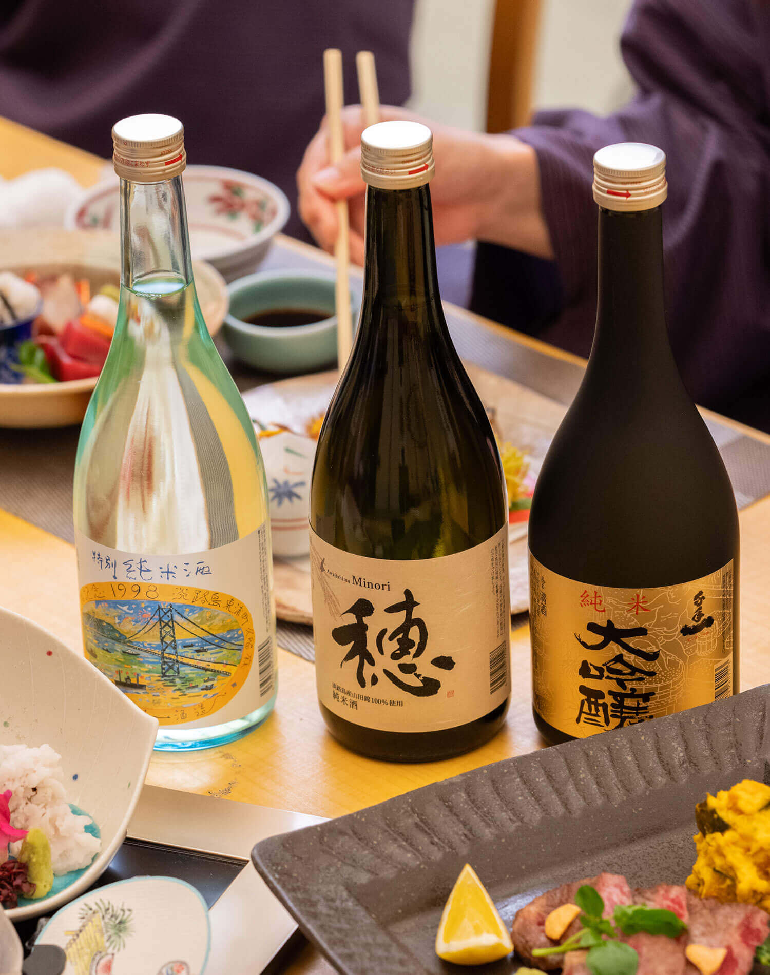 『ザ グラン リゾート エレガンテ淡路島』の日本酒ペアリングフェアで提供される酒3種